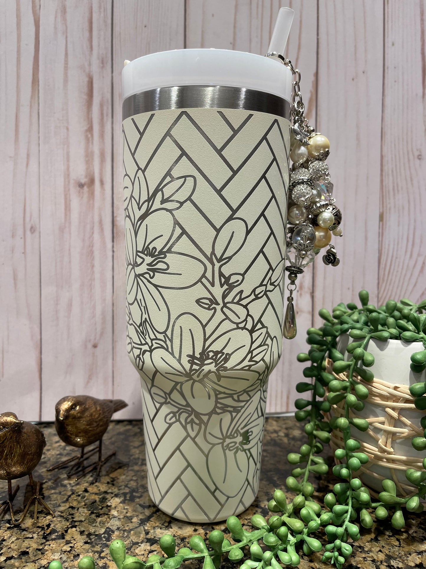 Herringbone and Floral Tumbler