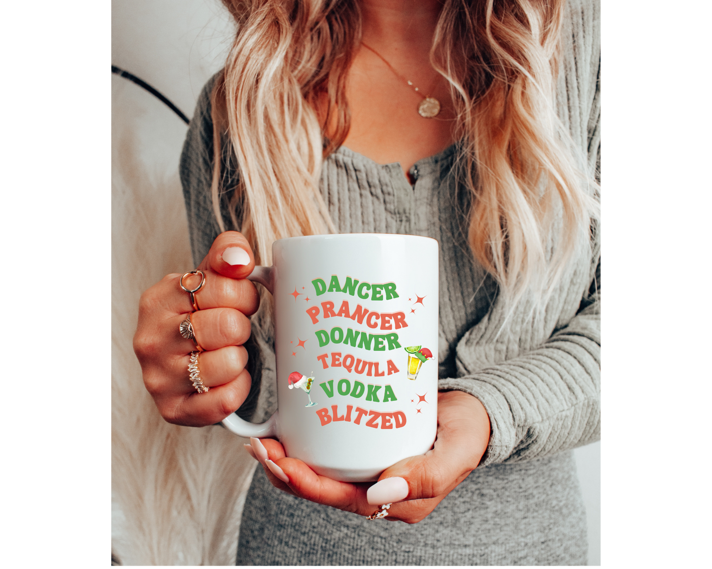 15 oz Funny Christmas Mug, Dancer, Prancer, Donner, Tequila, Vodka, Blitzed!